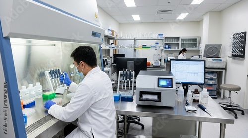 Clinical Immunology Lab with Biosafety Cabinet and ELISA Plate Reader in Clean Fluorescent Lab Light No Face No Logo No Text