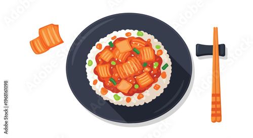 Stylized Asian meal illustration: fluffy white rice, savory braised items, green garnish, chopsticks, dark plate, an inviting culinary visual that