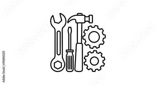 Black line art depicts tools, including a wrench, screwdriver, hammer, and gears