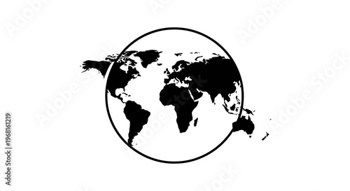 A simplified globe outline within a circle on a white background. Black continents