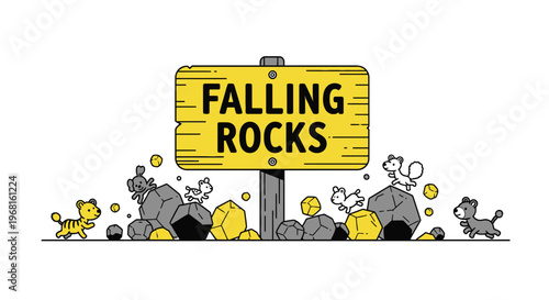 A cartoon scene showing animals fleeing falling rocks near a sign that warns "Falling Rocks