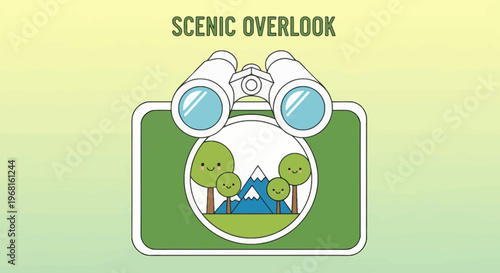 Cartoon binoculars over a framed view of trees and mountains, "Scenic Overlook" at top
