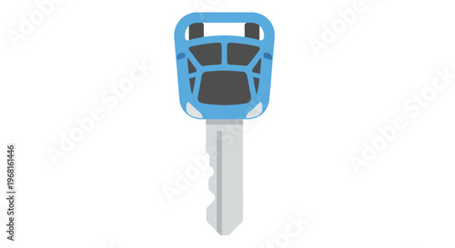 Illustration of a car key with a light blue head and grey key body, on a white background