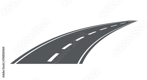 A grey asphalt road with white lines, curving upward on a white background