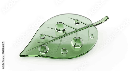 A translucent, green, leaf with water droplets, casting a shadow on a white background