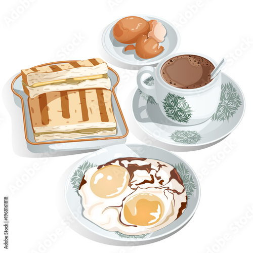 Traditional Singaporean Kopitiam Breakfast Set Vector Illustration featuring Kaya Butter Toast, Soft Boiled Eggs with Soy Sauce, and Nanyang Style Kopi Coffee in Floral Ceramic Cup