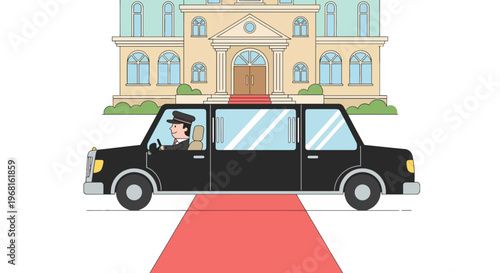 A black limousine with a chauffeur awaits a grand building on a red carpet