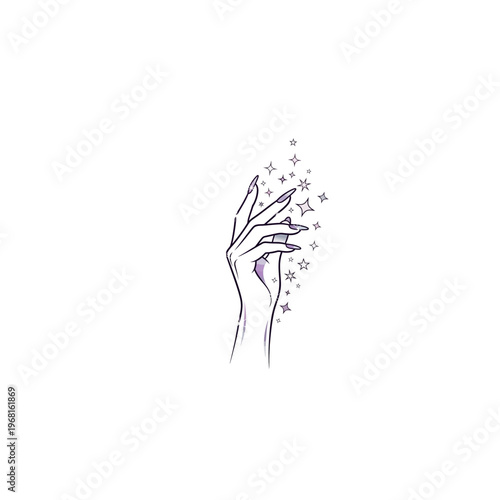 Elegant Hand with Sparkling Stars Minimalist Line Art.