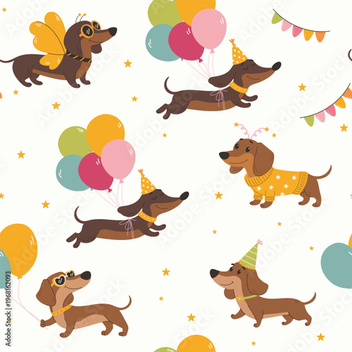 A seamless pattern featuring cute cartoon dachshunds wearing festive hats and holding balloons. Celebration. Children's illustration on a white background.