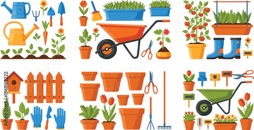 Gardening Tools and Plants Set with Watering Cans, Flower Pots, Shovels, Wheelbarrow, Gloves, and Garden Accessories for Outdoor, Gardening, and Landscaping Projects