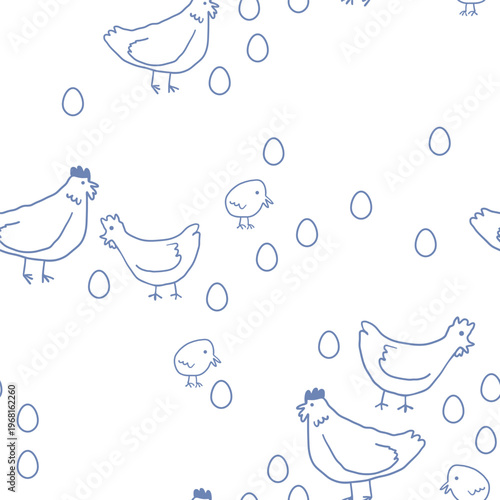 Seamless pattern with chicken and eggs in doodle style.Element for decoration design mail posts postcards poster print invitation background backdrop wrapping wallpaper banner textile