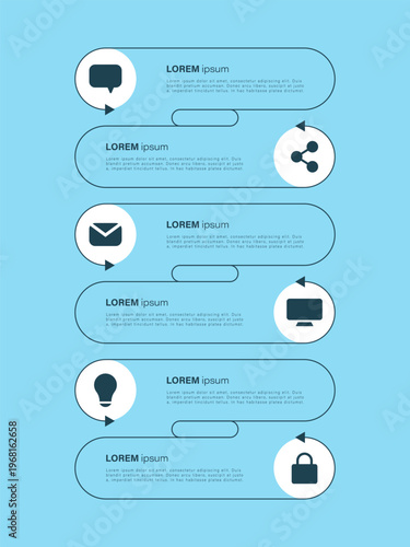 Vertical infographic with 6 stages. Flat design with icons and place for your texts.