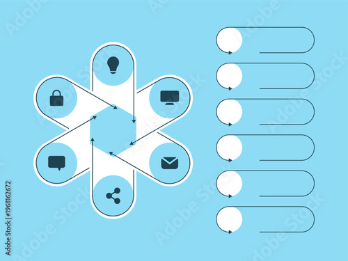 Circular infographic diagram divided into 6 stages. Flat design with icons and place texts.