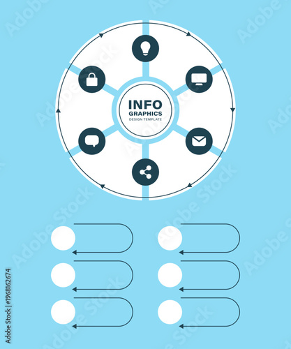 Pie chart divided into 6 stages. Flat design featuring icons and text. Blue infographic template