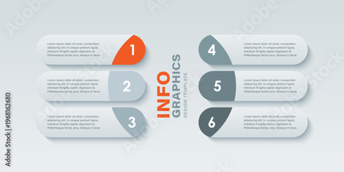 Minimalistic infographic layout with bright orange accents. Six steps processes template for data visualization