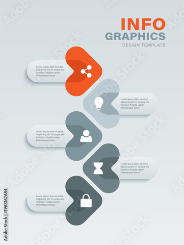 Vertical minimalistic infographic layout with bright orange accents. Five steps processes template for data visualization