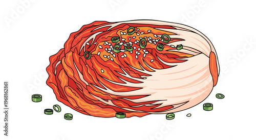Vibrant illustration of spicy Korean napa cabbage kimchi with green onions and sesame seeds, a healthy fermented culinary delight beautifully