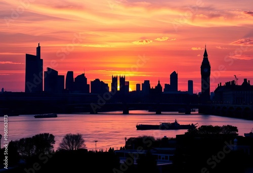 Iconic London skyline silhouette at sunset, featuring key landmarks, image, vector