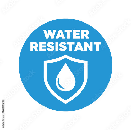 Water resistant badge. water droplet, shield, waterproof, moisture protection, splash guard, weatherproof, outdoor gear indication. flat vector illustration isolated on white background.