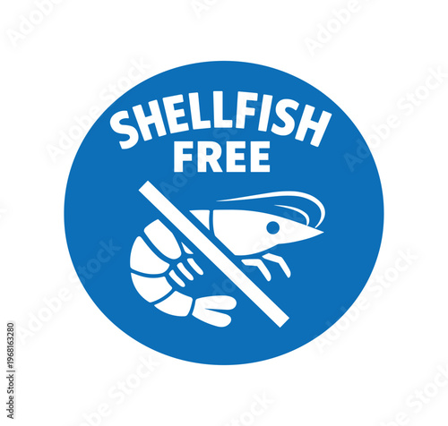 Shellfish free icon. shrimp, crustacean, seafood allergy, no shellfish, allergen warning label. flat vector illustration isolated on white background.