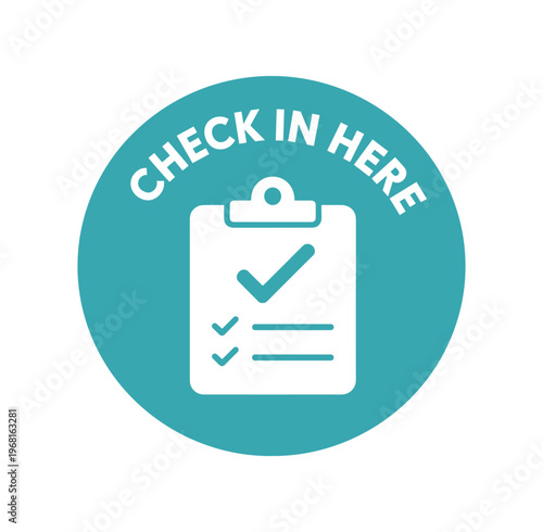 Check in here icon. clipboard checklist, registration, sign-in, reception, visitor log, appointment, record keeping. flat vector illustration isolated on white background.