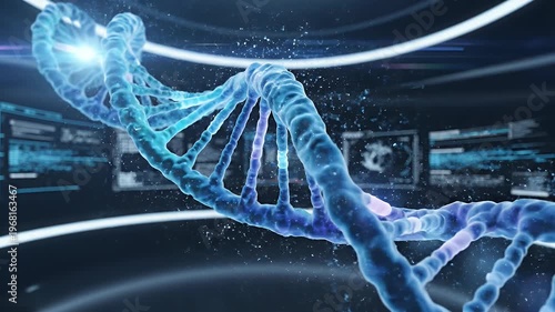 Abstract visualization of a glowing blue DNA helix against a dark futuristic backdrop