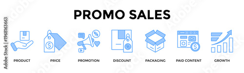 Promo Sales Banner Web Icon Set Collection Pack Vector Illustration Concept For Drive Product Demand And Revenue Through Pricing, Promotion, And Packaging Strategy