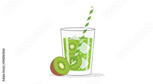 Freshly prepared kiwi juice in a tall glass with ice and a fun straw, featuring ripe fruit slices