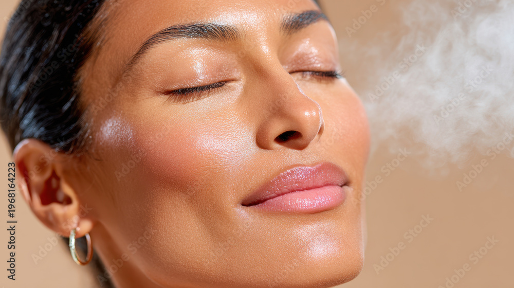 Naklejka premium Close up steam facial treatment on a young woman showing glowing skin and pore care for beauty routine and skincare wellness