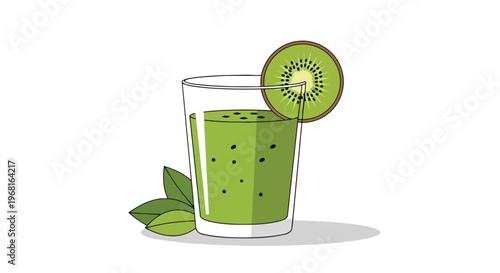 Vibrant green kiwi smoothie in a glass, garnished with a fresh kiwi slice and leaves, promoting natural health.