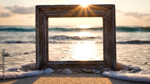 A rustic wooden frame sits on a sandy beach, framing a beautiful ocean sunset with gentle waves and seashells scattered around