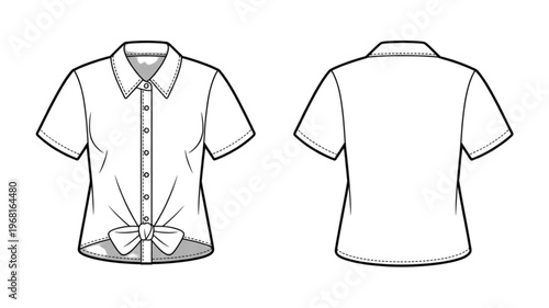 Two views of a short-sleeved button-down shirt in a light fabric design Vector