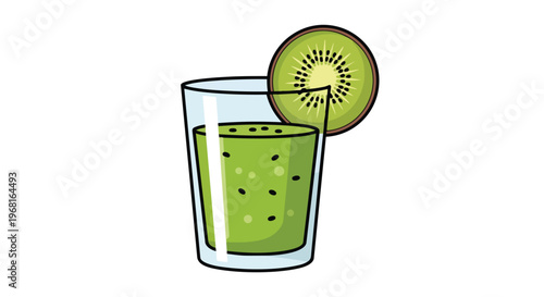 A vibrant green kiwi fruit drink in a clear glass, beautifully garnished with a fresh kiwi slice, embodying refreshment and natural health for a