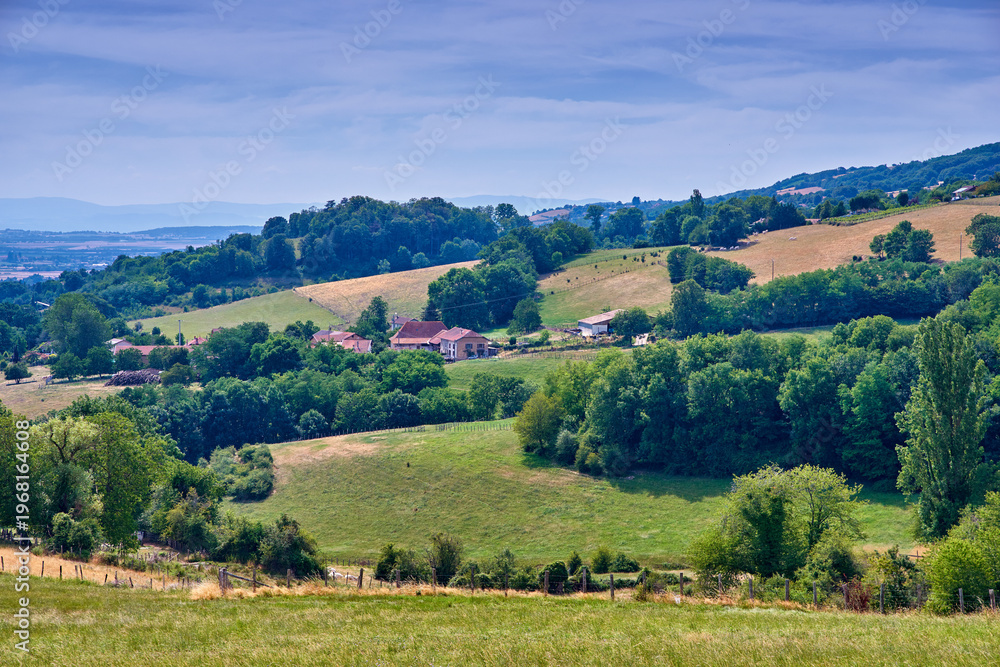 Fototapeta premium Landscape, mountains and valley with sky for buildings, sustainability or agriculture in nature. Outdoor, hill and woods on horizon with clouds, trees and space with eco friendly farmland in France