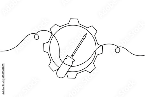 Screwdriver and cogwheel gear sign icon continuous one line art single drawing on white background minimalist technical tools symbol outline vector illustration