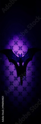 Spooky shadow cast from a stylized bat wing across a repeating diamond motif in eerie violet,  geometric, halloween