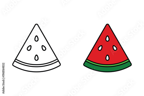 Cute Watermelon Slice Vector Icon Outline and Colored Illustration