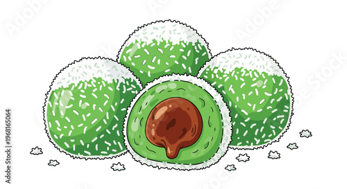 Vibrant green confectionery delights adorned with white sprinkles, revealing a rich chocolate core