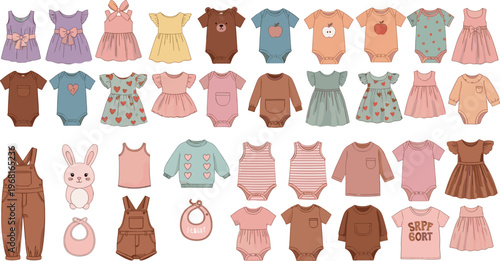 Cute Baby Clothing Set with Dresses, Onesies, Overalls, and Accessories in Soft Pastel Colors for Kids Fashion and Apparel Designs