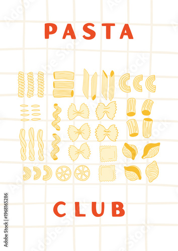 Whimsical Hand-Drawn Doodle Poster Featuring a Variety of Italian Pasta Shapes