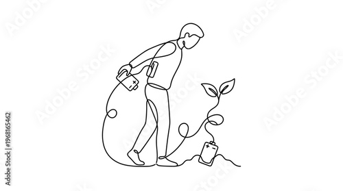 Person Removing Battery From Back and Planting It as Seed, Recharging Naturally, Single Line Art