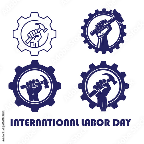 International labor day graphic with gears and hammer with workers day with clenched fist with working class