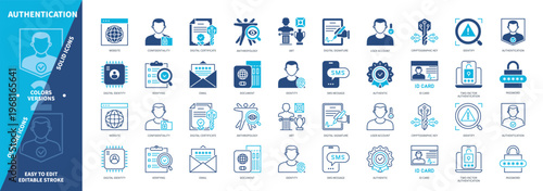 Authentication icon set. Art, Verifying, ID Card, Authentic, Anthropology, Identity, Digital Certificate, Website. Duotone color solid and editable outline icons
