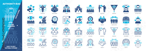 Authority Bias icon set. Viewpoint, Psychology, Manipulation, Obedience, Leadership, Vision, Influencer, Opinion. Duotone color solid and editable outline icons