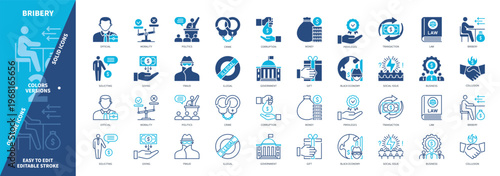 Bribery icon set. Giving, Soliciting, Collusion, Black Economy, Social Issues, Corruption, Morality, Fraud. Duotone color solid and editable outline icons