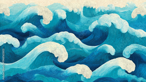 Ocean waves crash in a seamless wave pattern background repeating