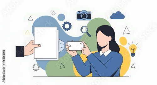 A modern woman compares a smartphone and a tablet in an office setting with various technology symbols around her.