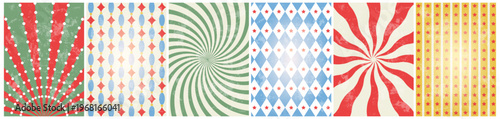 circus retro background set. vintage carnival template for poster with sunburst, swirl, stars and rhomb