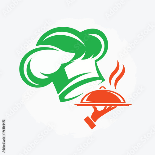 Chef hat and hand holding a serving platter with hot food vector