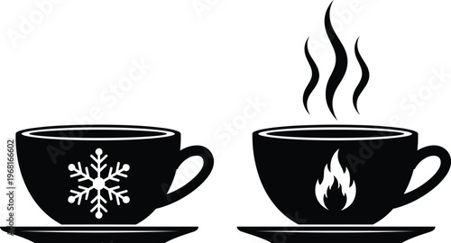 Silhouettes of two cups with saucers showing snowflake and flame symbols, artistic beverage illustration representing hot and cold drinks, contrast, refreshment, and lifestyle